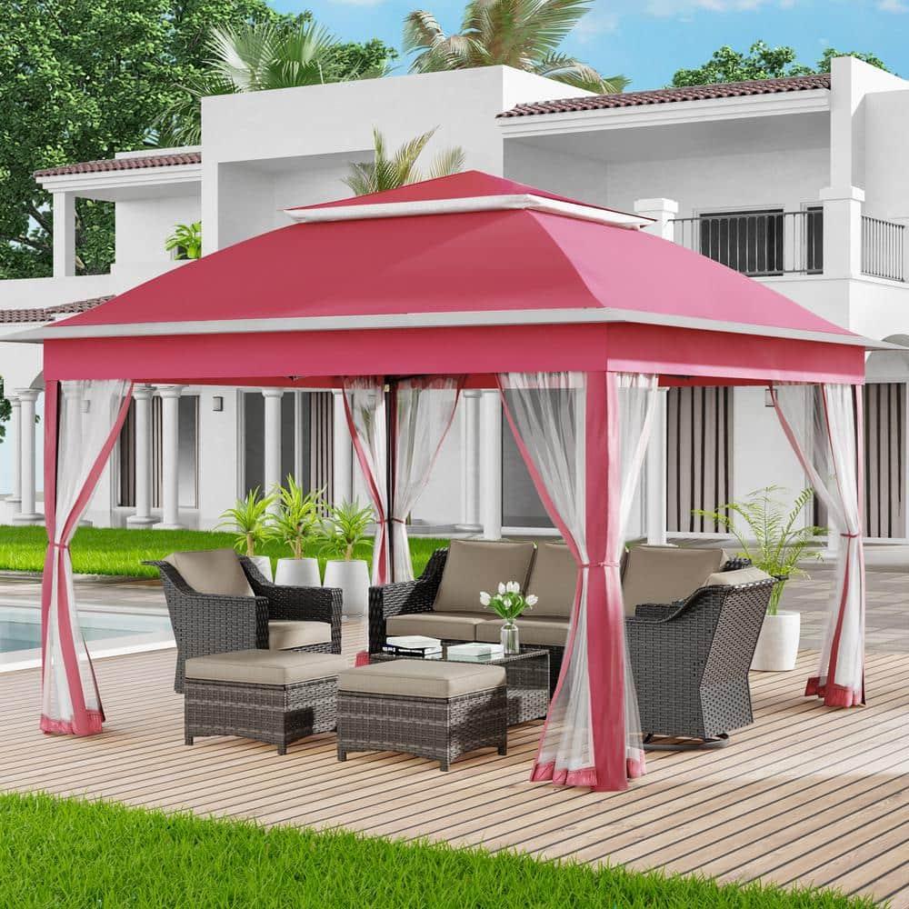 Pink Steel Portable Pop-Up Gazebo with Mosquito Netting 11 ft. x 11 ft. . .