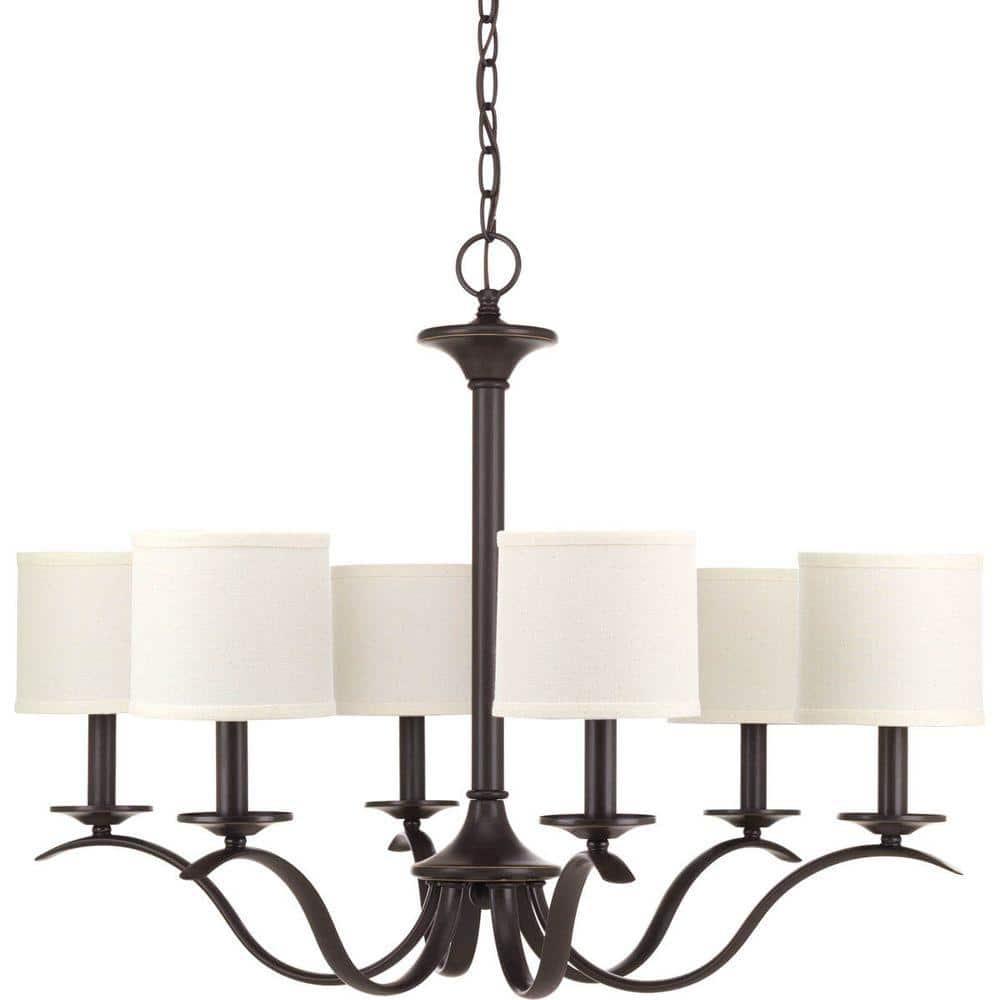 Progress Lighting, Inspire Collection, 6-Light Chandelier, Antique Bronze, Off-White Linen Shades