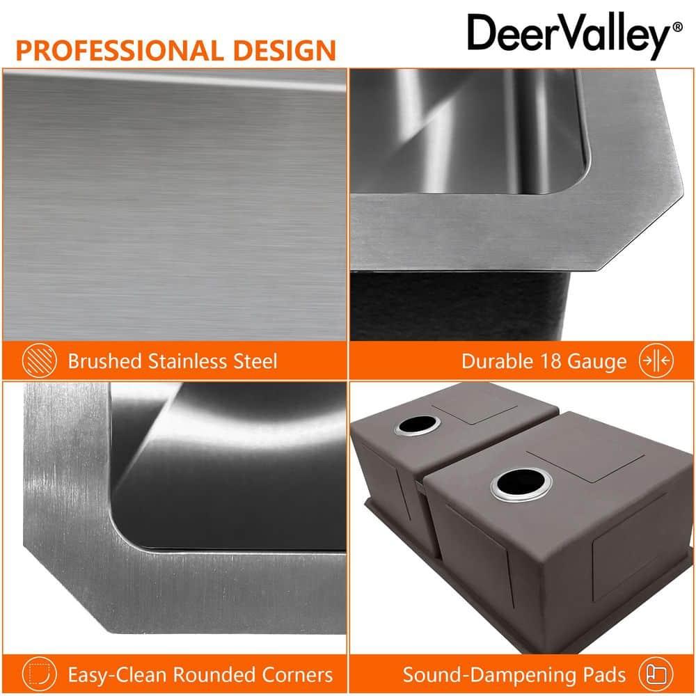 DeerValley 33'' L Undermount 50/50 Double Bowl Stainless Steel Kitchen Sink with Basket Strainers and Stainless Steel Grids