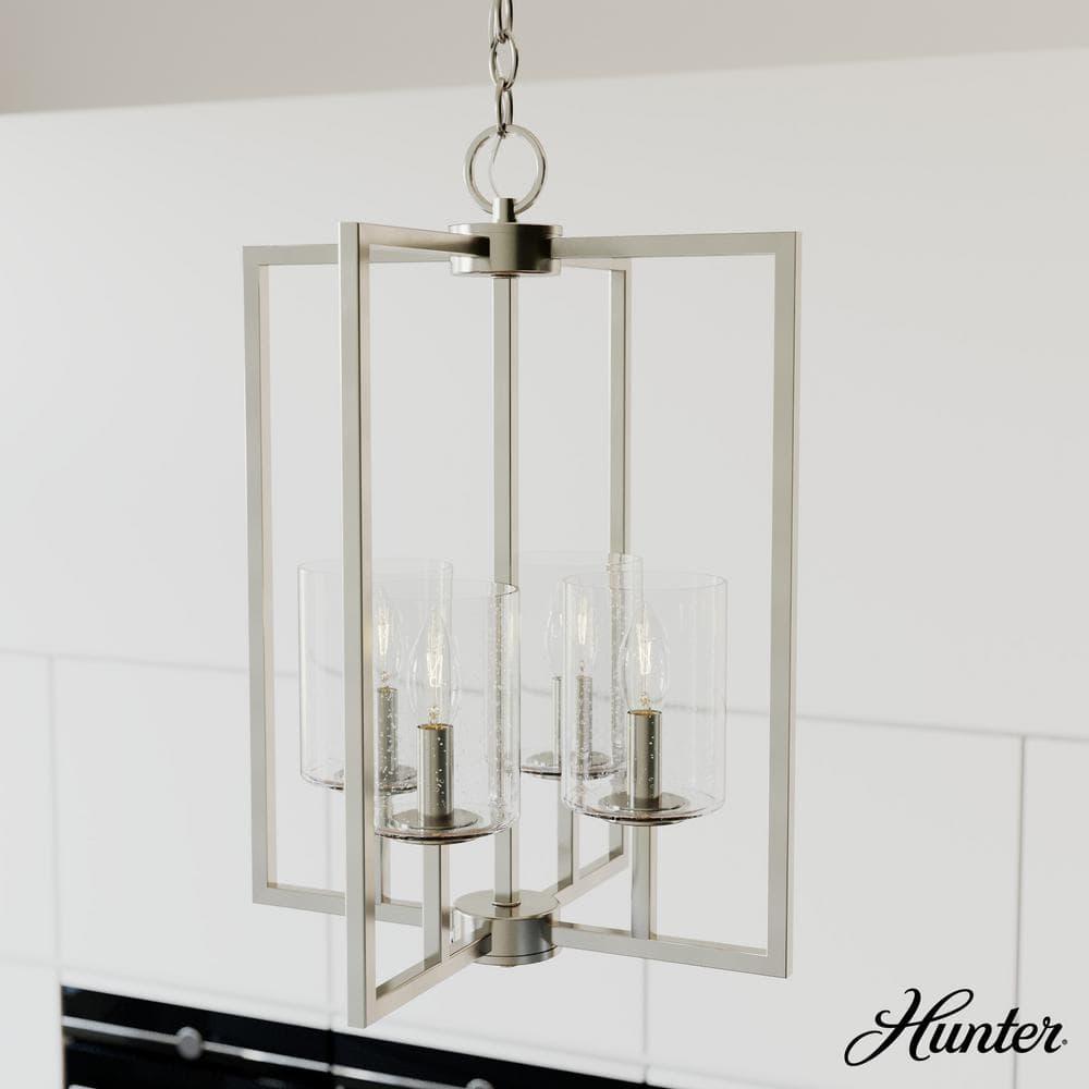 Hunter - Kerrison 4-light Brushed Nickel, Medium Size Pendant Light, Dimmable, Rectangle Shaped, for Bedrooms, Dining, Living Rooms - 19539