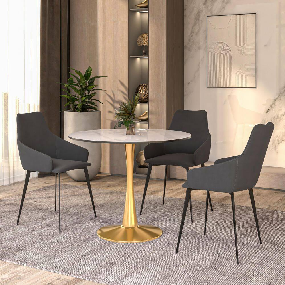 LeisureMod Bristol 35" Round Dining Table – Sintered Stone Top Accent Café Table & Sturdy Steel Gold Pedestal Base for Kitchen and Small Spaces