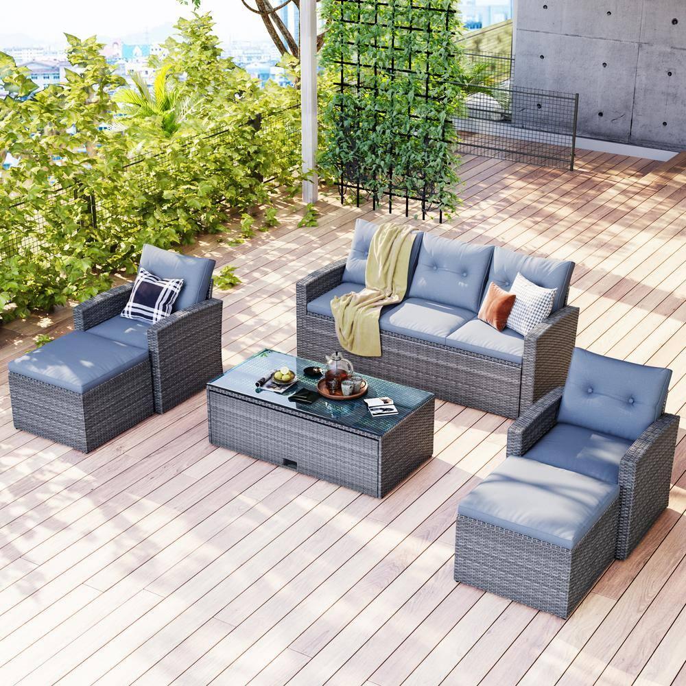 Outdoor Sectional Sofa Set, Patio Outdoor Furniture Wicker with Powder Coated Steel and Cushions for Pool Backyard Lawn, Gray