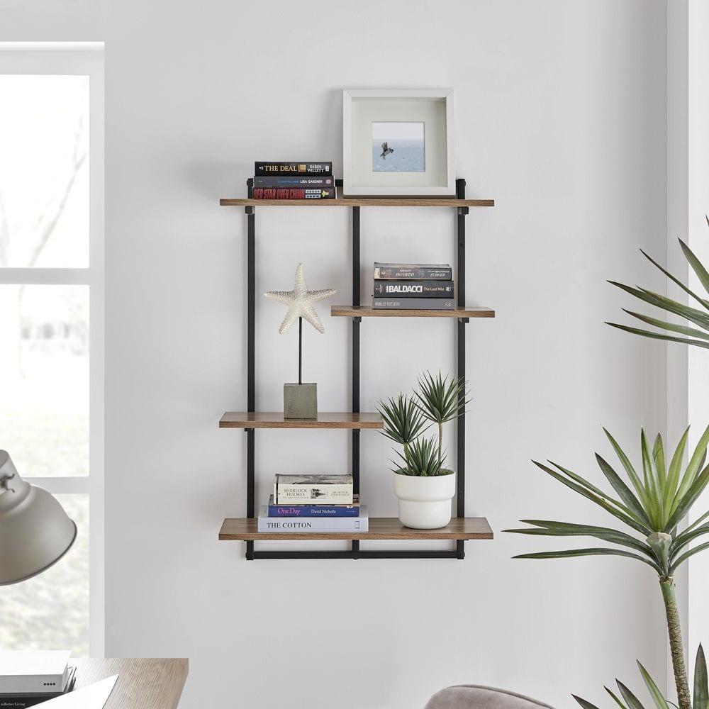 Danya B. 34.5" x 23.6" Rhodes 4 Tier Modern Floating Windowsill Wall Shelf Unit Black/Light Walnut: MDF & Iron, Open Design