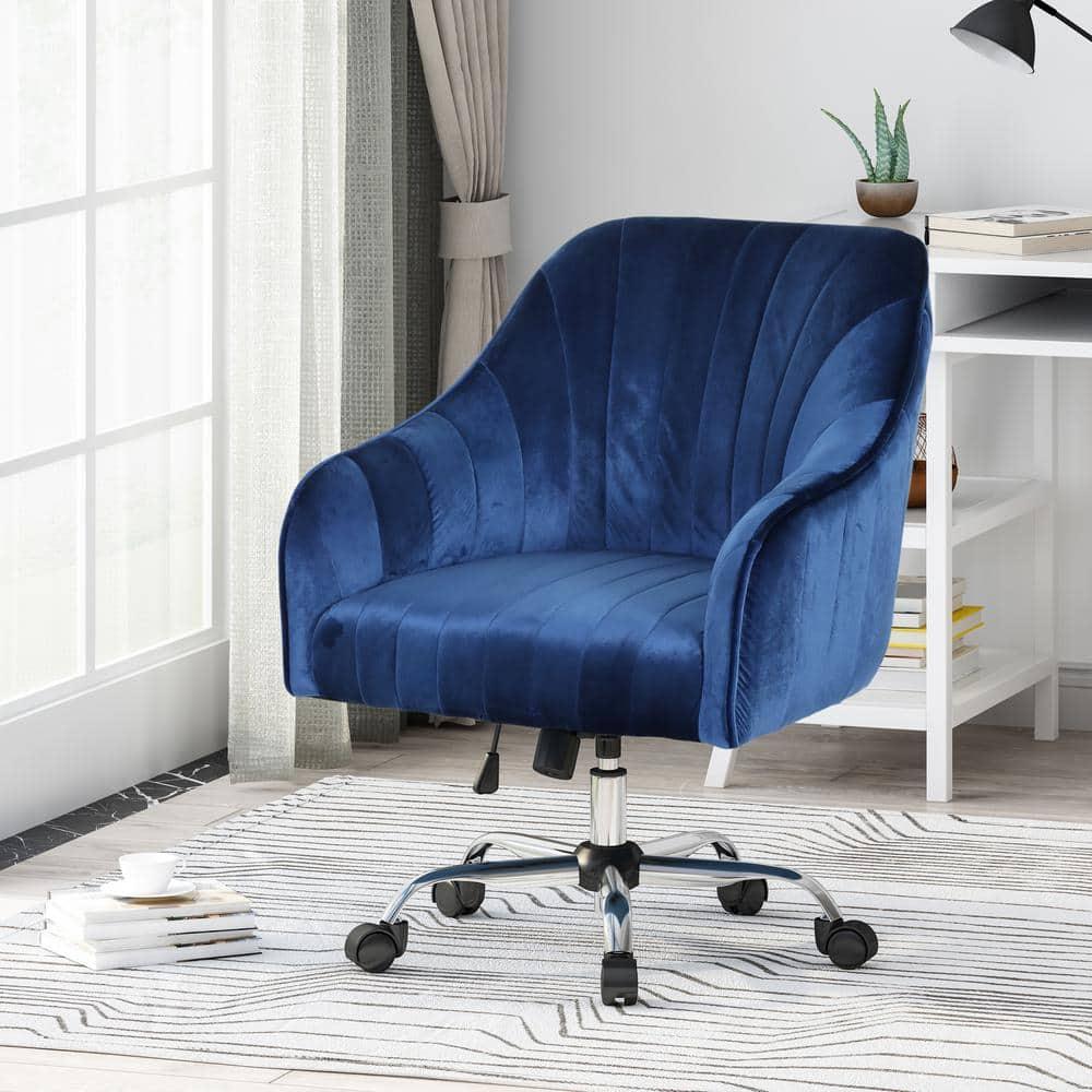 Noble House Lylah Glam Velvet Home Office Chair with Swivel Base, Navy Blue and Silver Finish