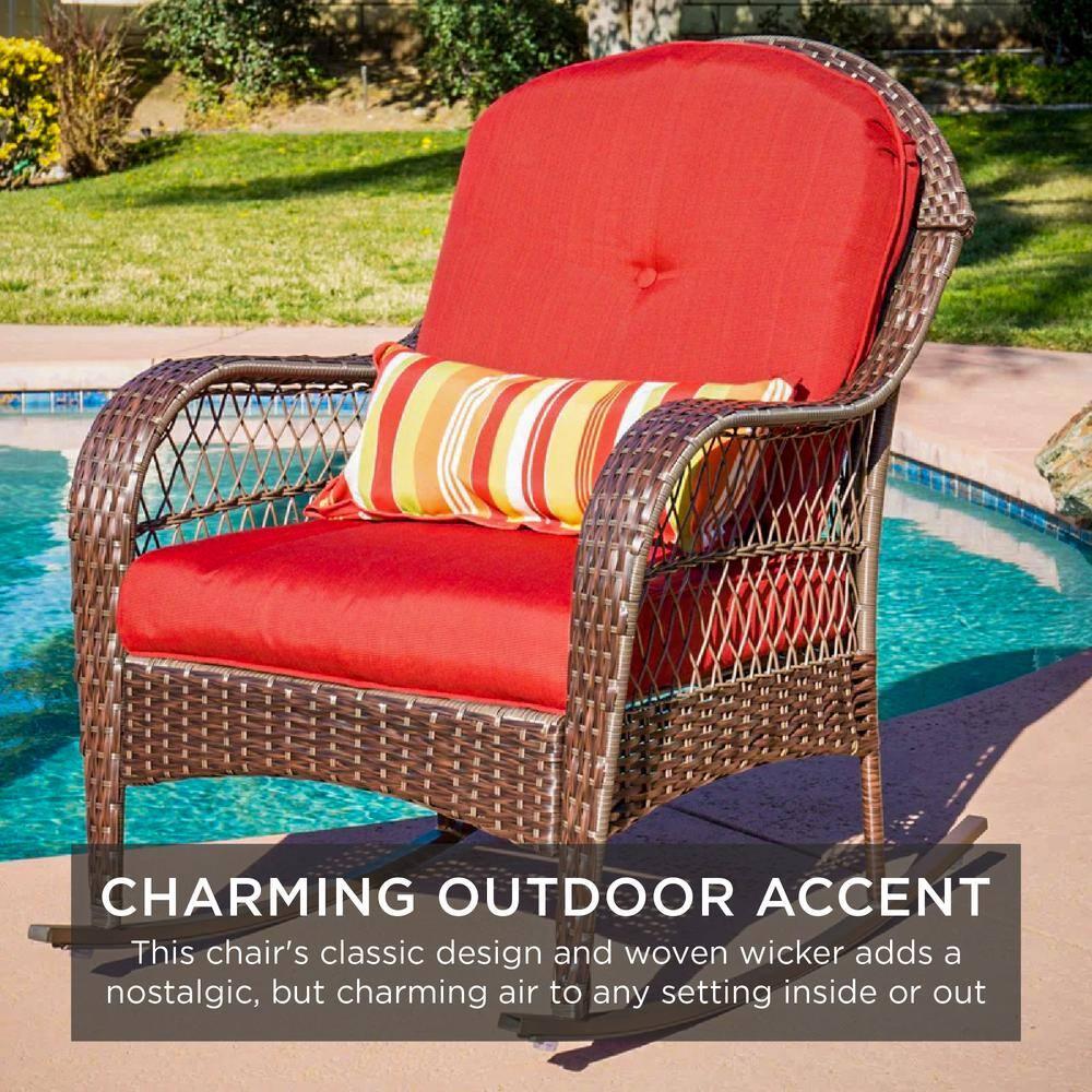 Best Choice Products Outdoor Wicker Rocking Chair for Patio, Porch w/ Steel Frame, Weather-Resistant Cushions - Red