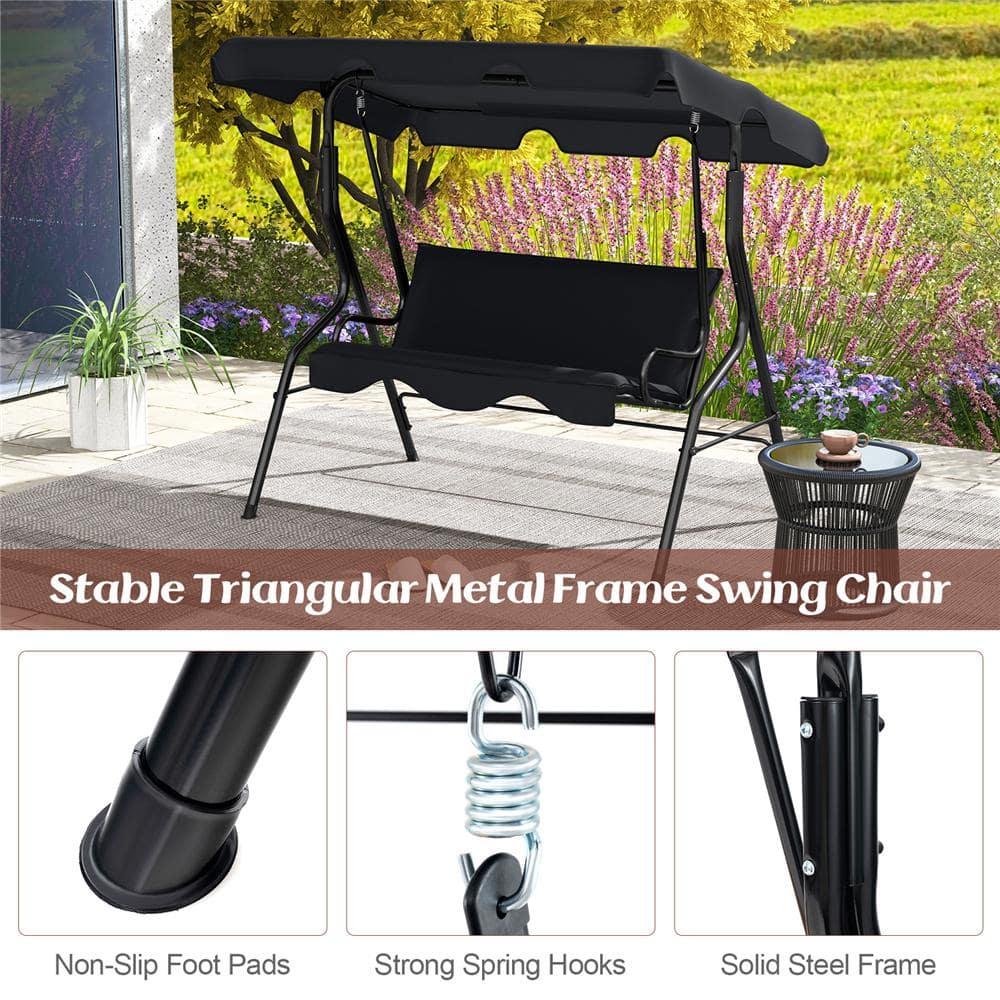 Black Steel Frame 3-Person Patio Swing with Adjustable Canopy