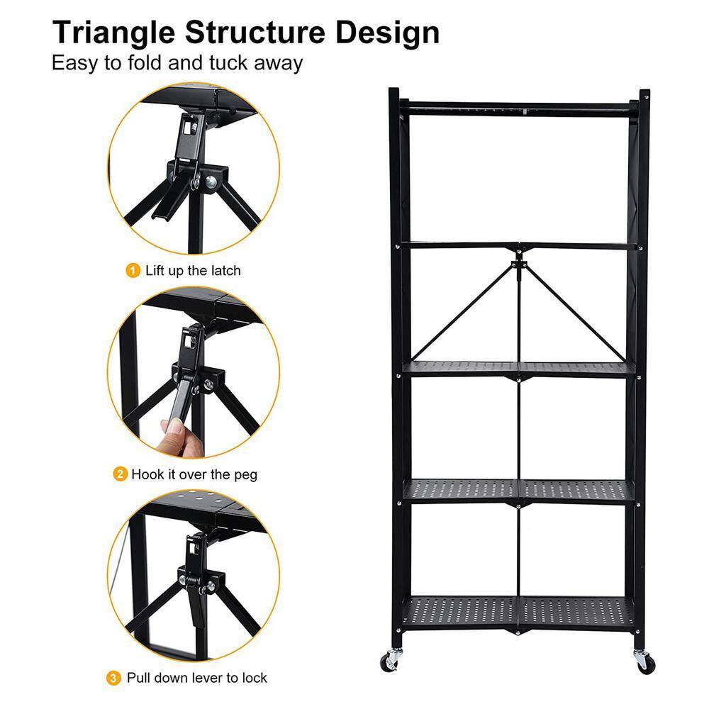 5-Tier Black Metal Kitchen Shelf Foldable Storage Rack with WheelsMultifunctional Cart