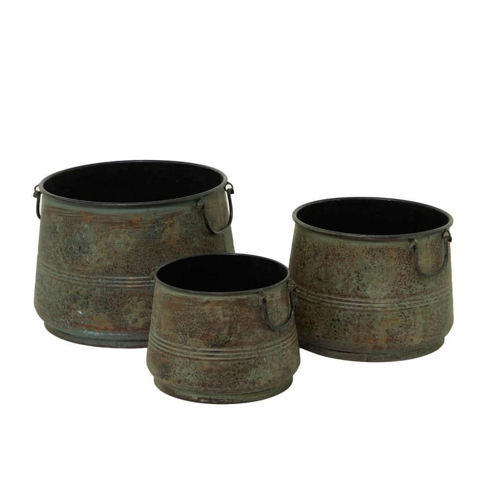 Gracie Oaks Cowden 3 Piece Metal Distressed Bucket Style Indoor Outdoor Bronze Planter with Side Ring Handles Set