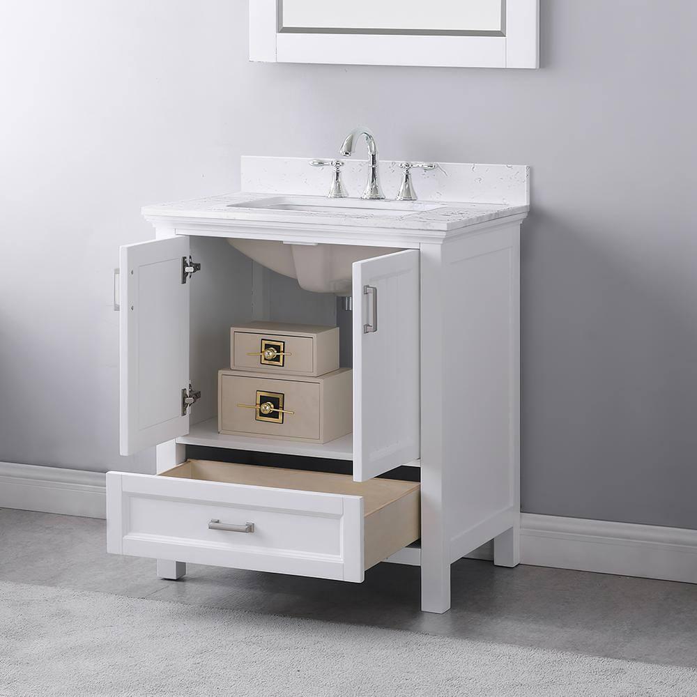 Isla 30" Single Bathroom Vanity Set in White and Carrara White Marble Countertop without Mirror
