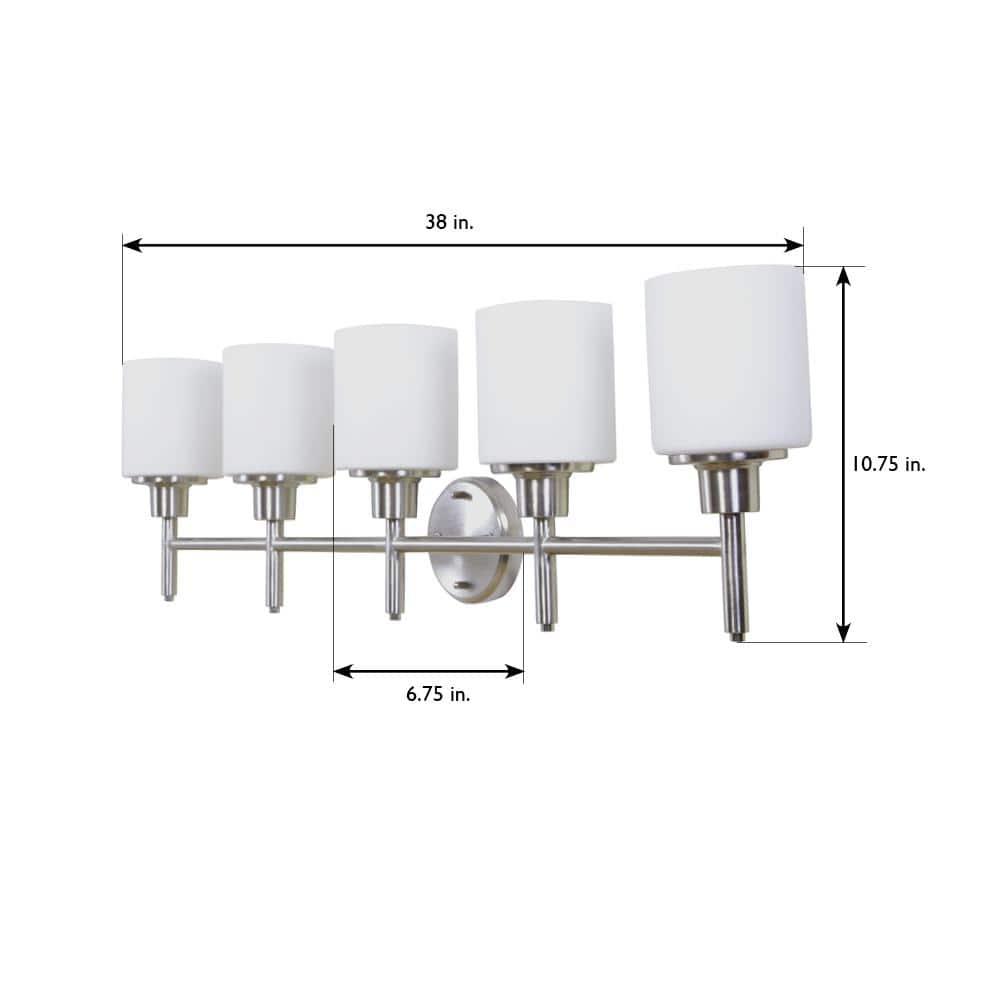 Design House 556225 Aubrey Transitional 5-Light Indoor Bathroom Vanity Light Dimmable Frosted Glass for Over the Mirror, Satin Nickel