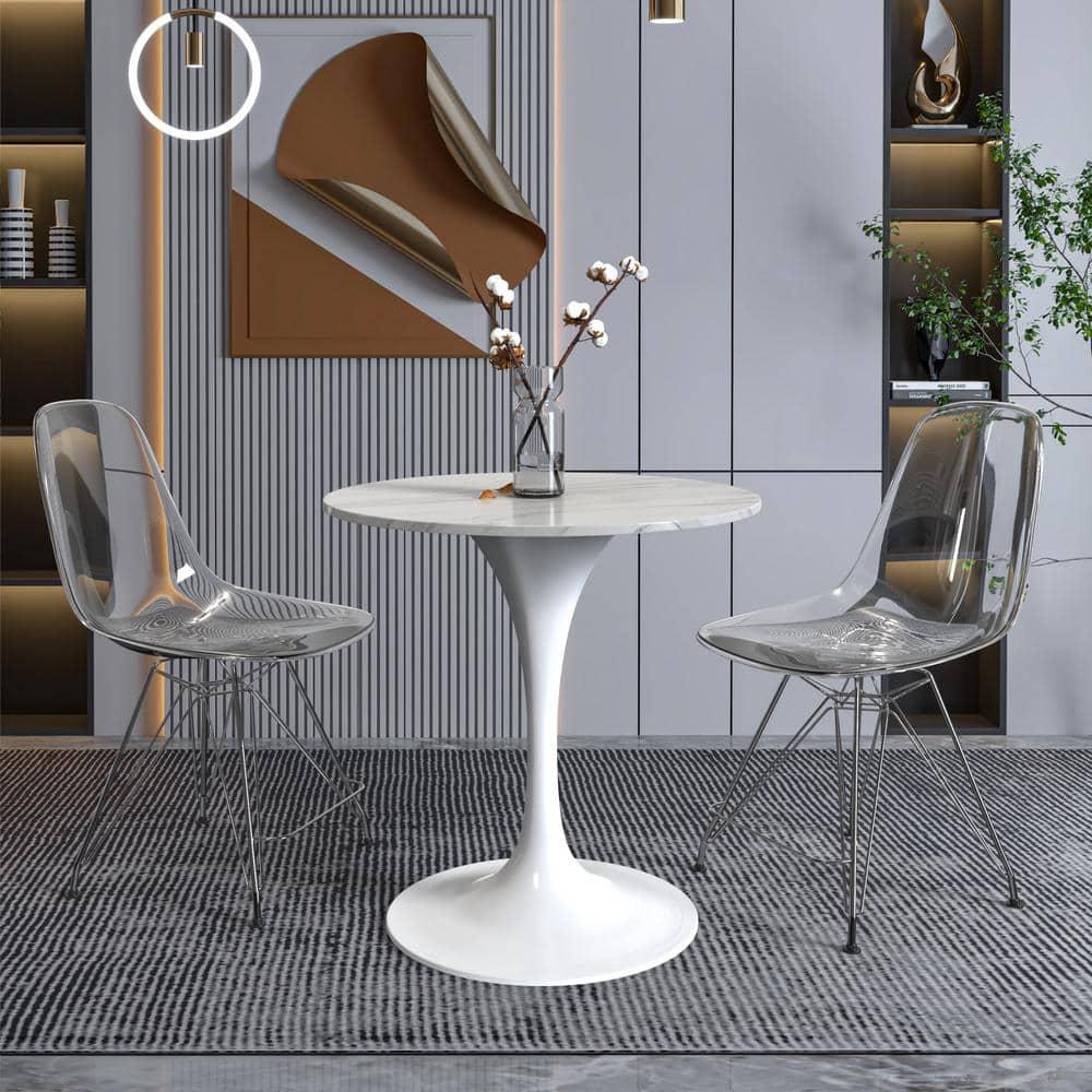 LeisureMod Verve 27" Round Dining Table - Sintered Stone Top with Modern White Pedestal Base Accent Side Table for for Kitchen and Home