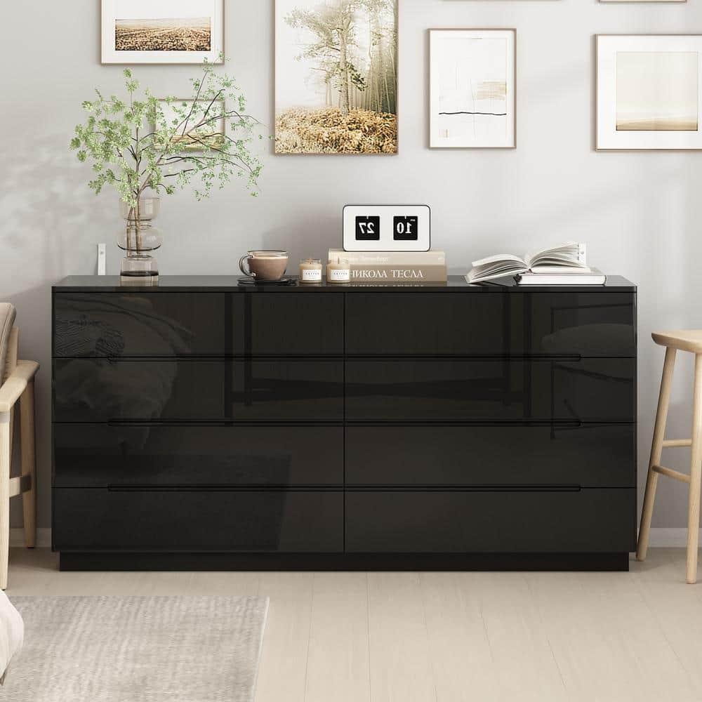 Black 8-Drawer 63 in. W Wood Double Dresser Chest of Drawers Bedroom Storage Organizer in With High Gloss and LED Lights