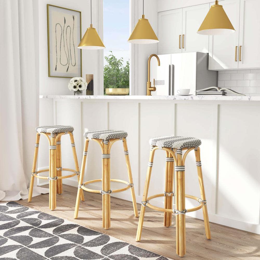 Butler Specialty Company Tobias Round Rattan 30" Bar Stool - Gray & White Stripe