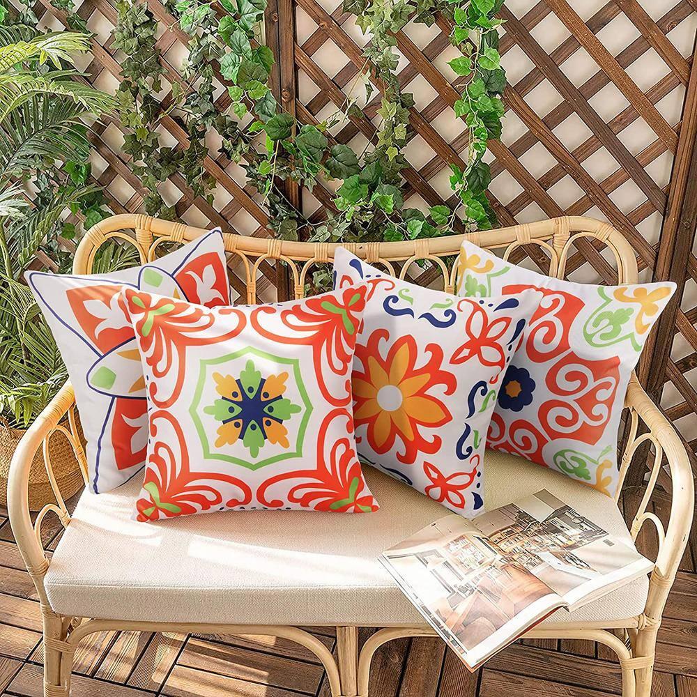 Pyonic Outdoor Waterproof Throw Pillow Covers for Patio Furniture Decorative Boho Pillow Covers 18x18 Floral Printed for Patio Tent Couch Garden Set of 4,Orange