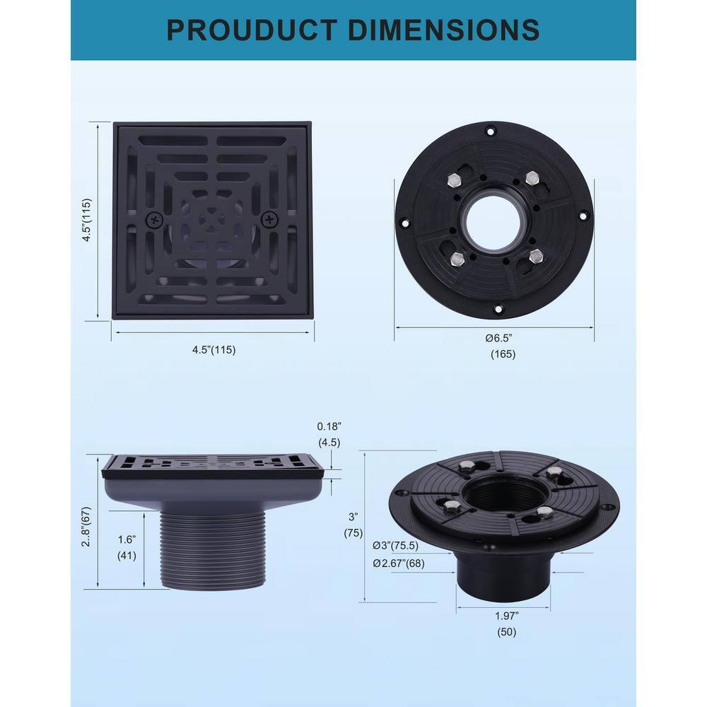 Aleasha 4.5 In. Floor Drain With Square Stainless Steel Screw-Tite Strainer AL-9L05B