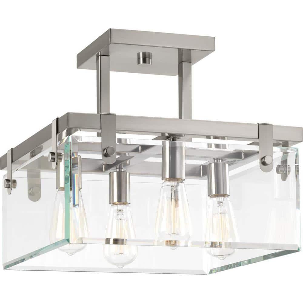 Progress Lighting Glayse 4-Light Semi-Flush Convertible Fixture, Brushed Nickel, Beveled Glass Shade