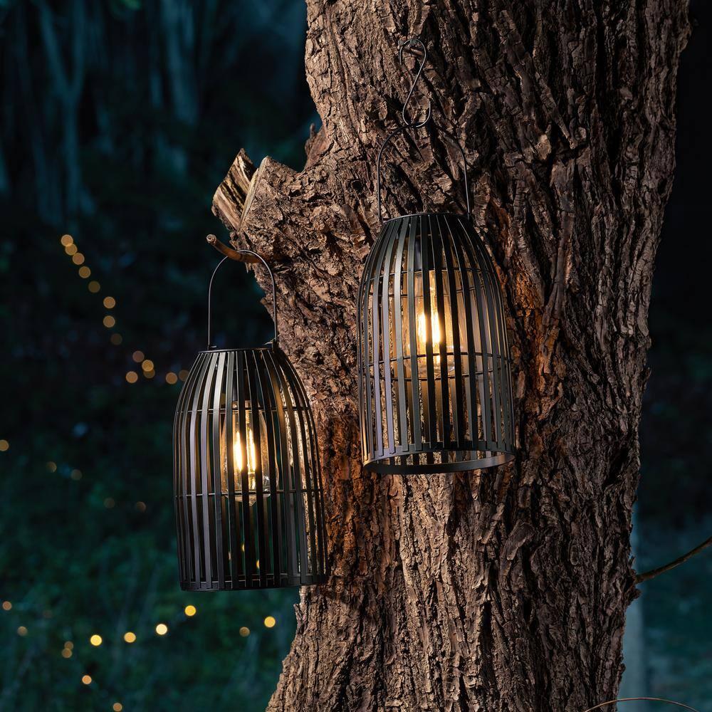 9.75" Black Metal Solar Powered Outdoor Hanging Lantern Set