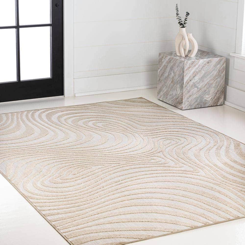 JONATHAN Y Maribo High-Low Abstract Groovy Striped Beige/Cream 8 ft. x 10 ft. Indoor/Outdoor Area Rug