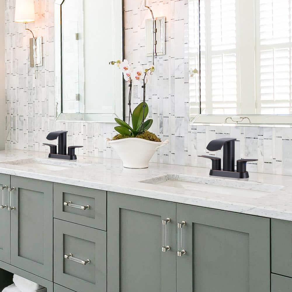 4-inch Centerset Double Handle Waterfall Bathroom Sink Faucet with Pop-up Drain Kit