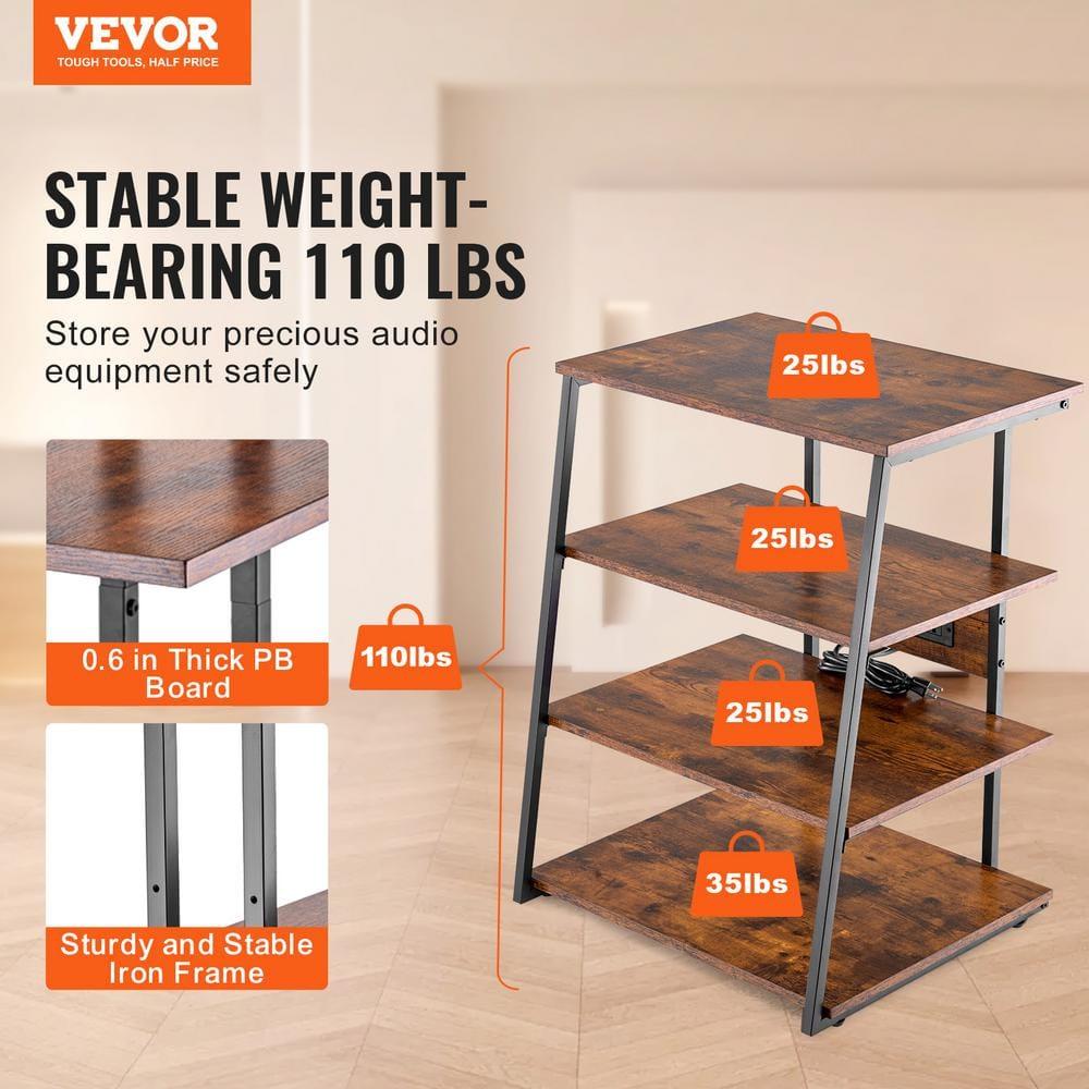 VEVOR 4-Tier AV Media Stand with Power Strips, Corner TV Stand with LED Lights, Height Adjustable Wooden Shelves