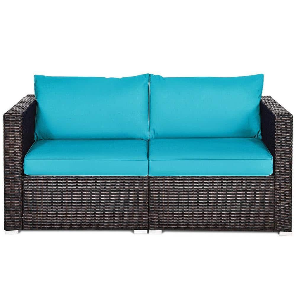 Costway 2PCS Patio Rattan Corner Sofa Sectional Furniture Blue Cushion