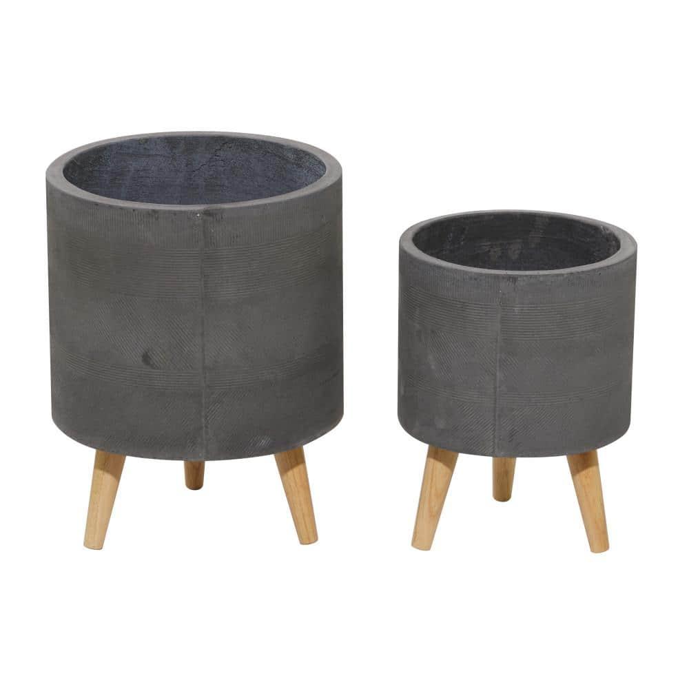 DecMode 13", 16"H Indoor Outdoor Gray Ceramic Planter with Wood Legs (2 Count)