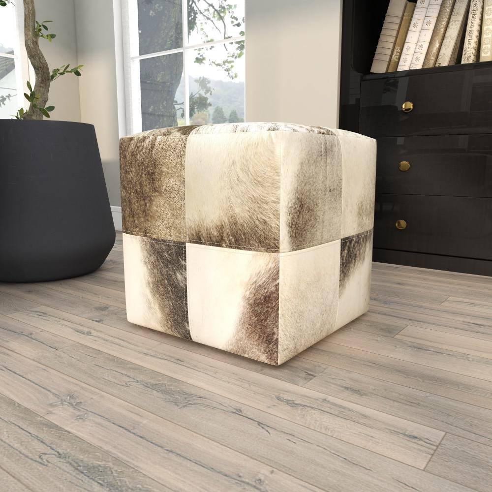 DecMode Leather Handmade Cowhide Stool with Patchwork Pattern, Gray