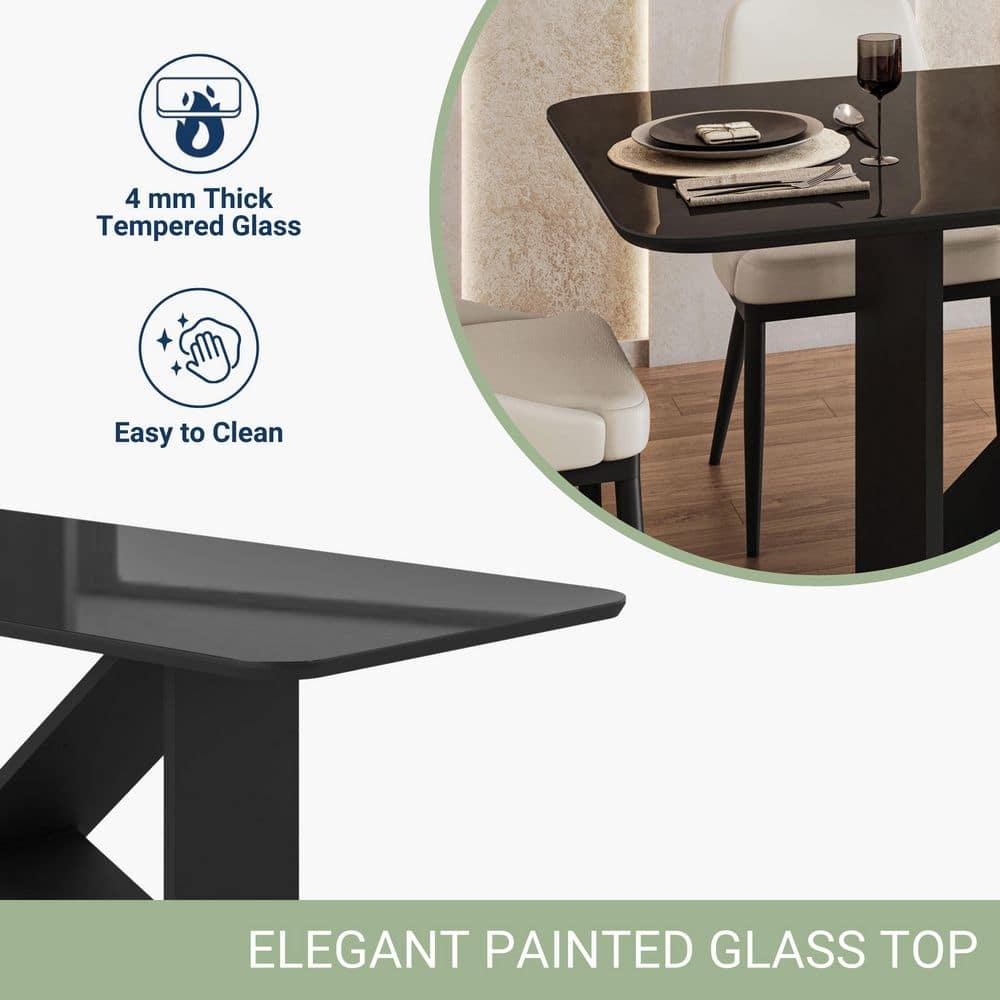 Elegant Painted Glass Dining Table for 6, Italian-Style 6-Seater Dining Table with Tempered Glass Top and Elegant Wood Base, Modern and Sophisticated Design for Dining Rooms, Black