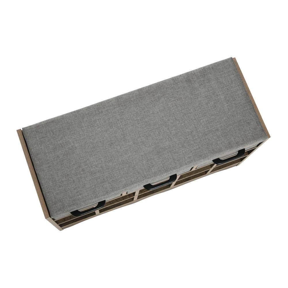 Household Essentials Entryway Storage Bench with 3 Grey Drawers 10 Shoe Compartments and Cushioned Seat in Ashwood Rustic Wood Grain