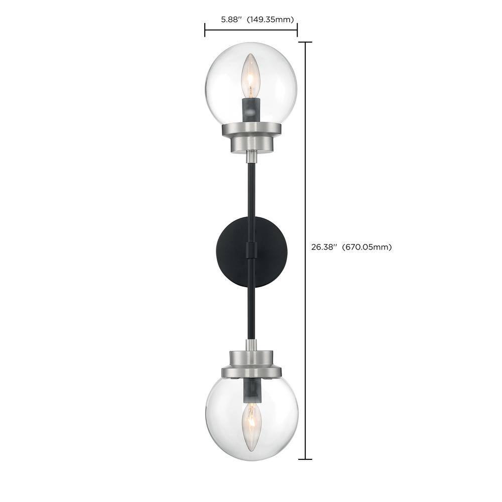 Nuvo Lighting Axis - 2 Light Sconce with Clear Glass - Matte Black and Brushed Nickel Accents Finish
