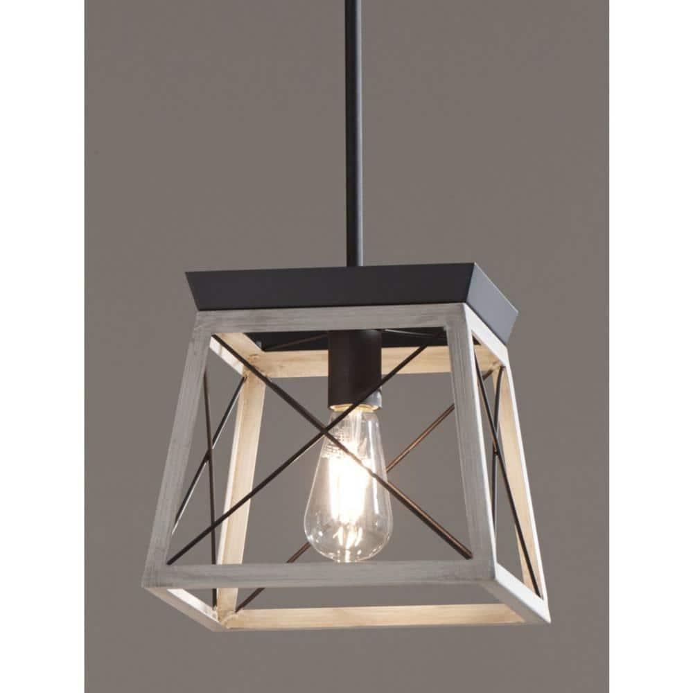 Progress Lighting Briarwood 1-Light Mini-Pendant, Steel, Graphite Finish, Faux-Painted Wood Enclosure
