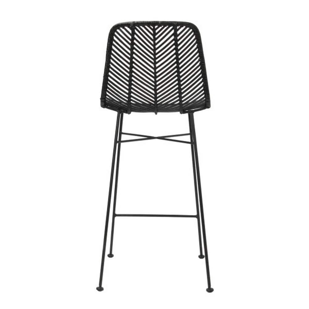 Storied Home Rattan Bar Stool Black: Wrought Iron Frame, Fixed Height, Spot Clean, Adult Use