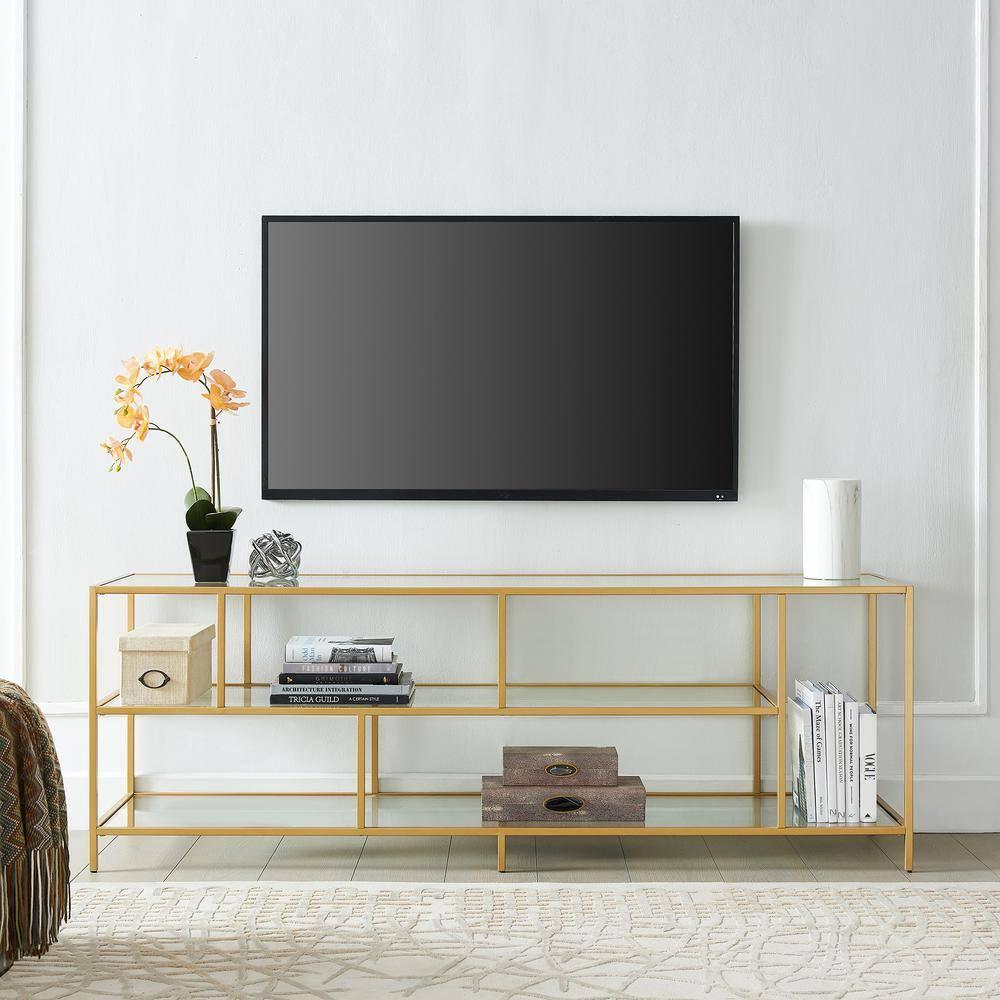 Evelyn&Zoe Winthrop Rectangular TV Stand with Glass Shelves for TV's up to 75", Brass