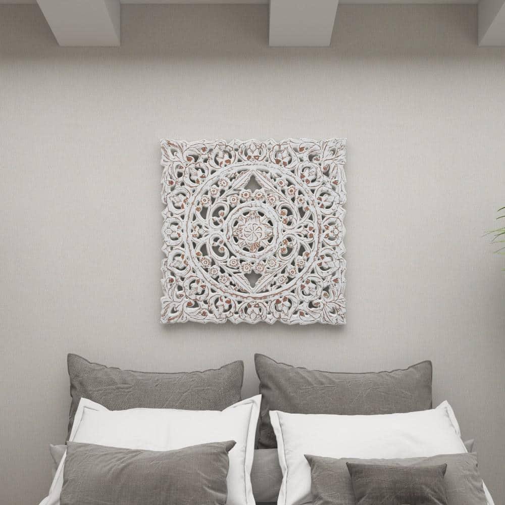 DecMode Traditional Wood Square White Handmade Wall Décor with Carved Mandala Design, 36"W x 36"H