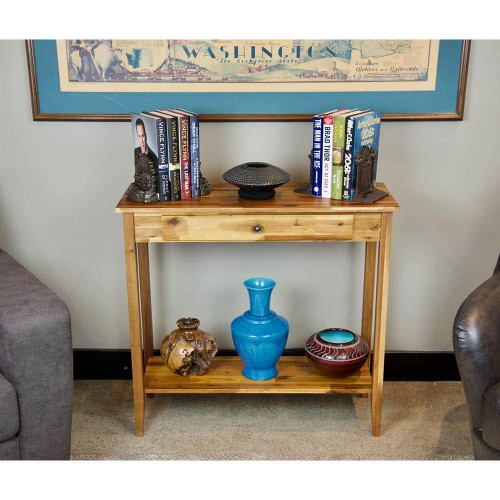 Casual Contemporary Living Solid Acacia Console Table with Drawer & Bottom Shelf- Natural
