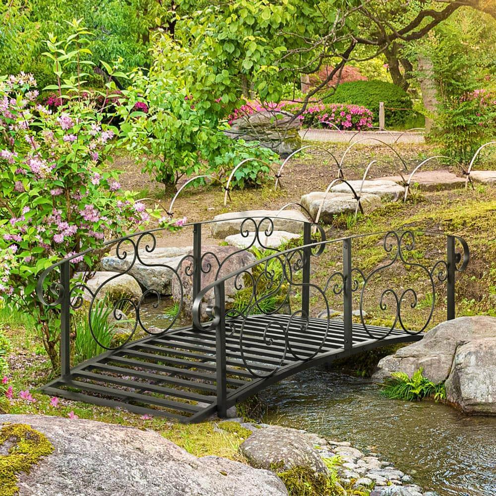 CoSoTower 6' Metal Arch Backyard Garden Bridge, Safety Siderails, Arc Footbridge for Backyard Creek, Stream, Pond, Black