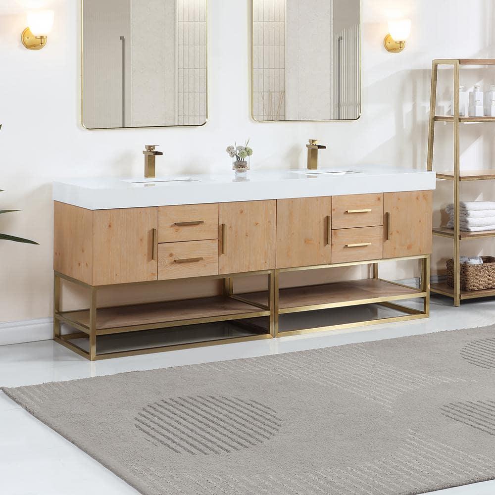Bianco 84" Wood Vanity in Light Brown with  Composite Stone Top without Mirror