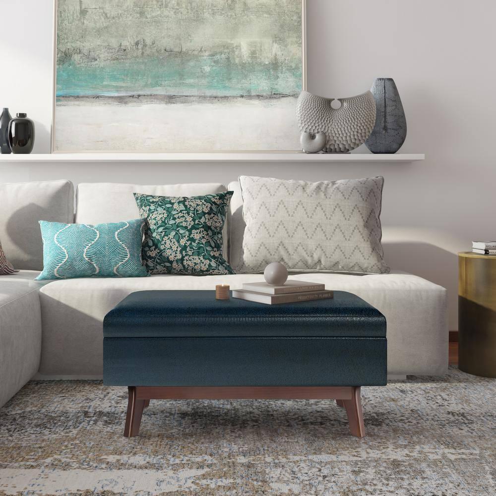 Simpli Home Owen 36" Wd. Small Rectangular Storage Ottoman in Distressed Dark Blue