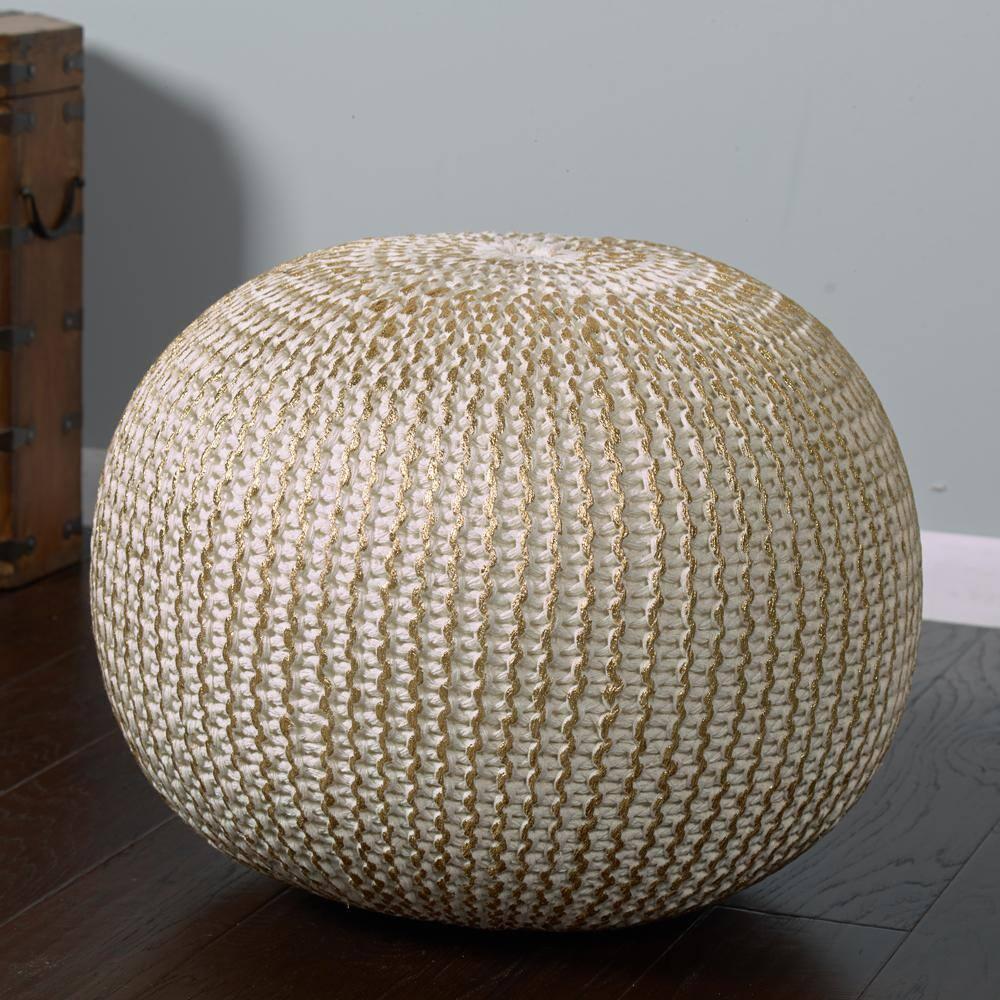 Ox Bay Caitlin Round Solid Print Hand Knitted Cotton Indoor Pouf, White