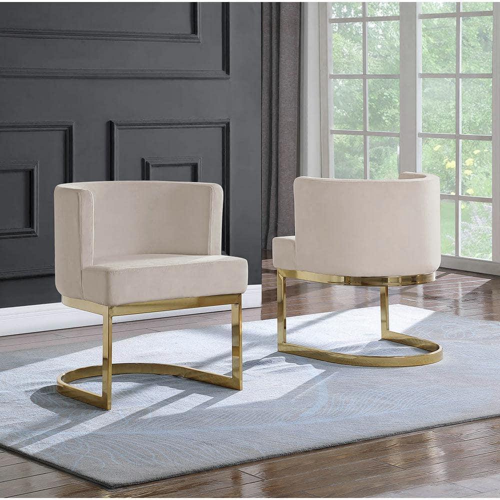Silla Decorativa de Terciopelo Beige con Base Cromada Dorada - 1 Silla