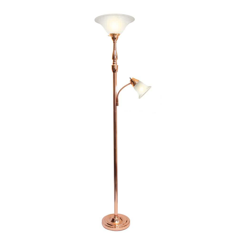 Torchiere Floor Lamp with Reading Light and Marble Glass Shade Rose Gold - Lalia Home: Adjustable, UL Listed, Metal Base