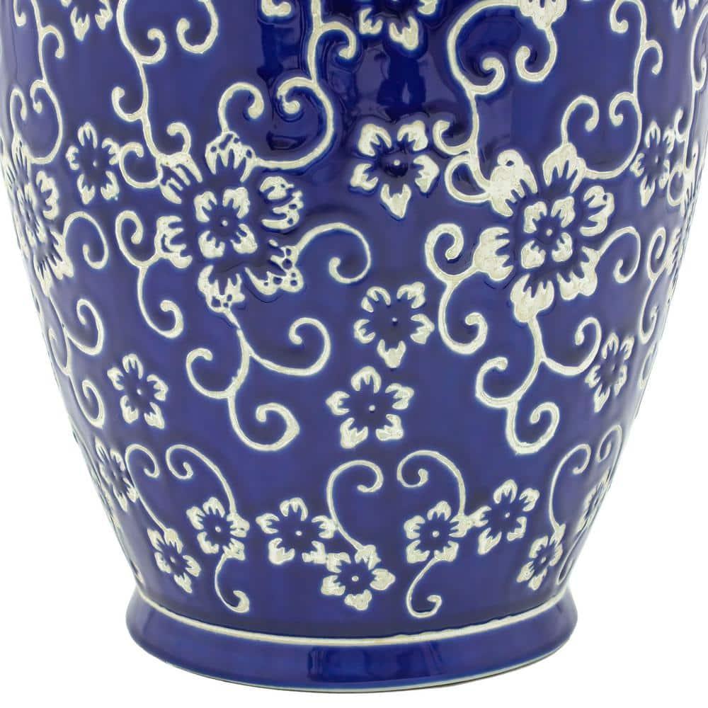 14" White Flowers on Blue Tung Chi Vase