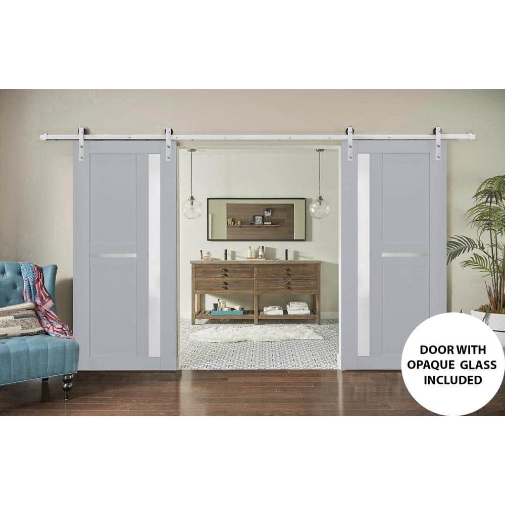 Sturdy Double Barn Door with Frosted Glass | Veregio 7288 Matte Grey | 13FT Rail Hangers Heavy Set | Solid Panel Interior Doors-72" x 84" (2* 36x84)-Silver Rail