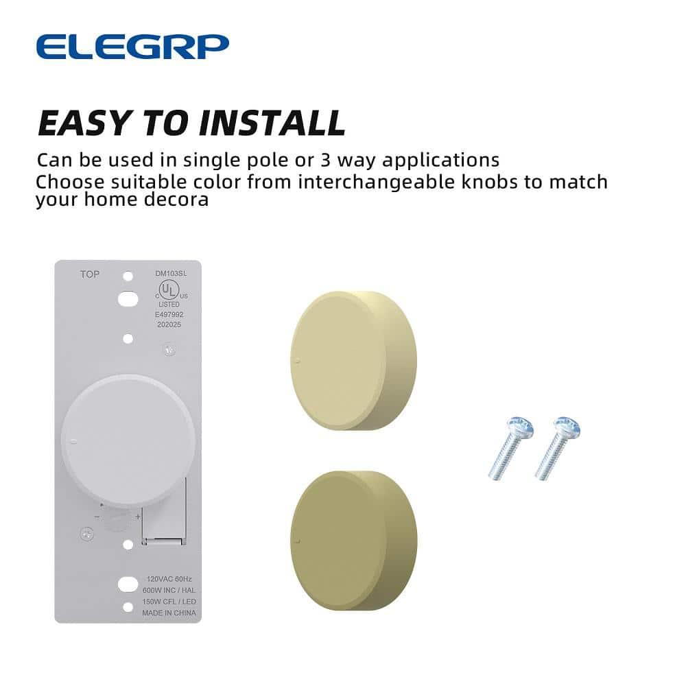 ELEGRP Push Button Rotary Dimmer Switch with Night Indicator Light, Push On/Off, Single Pole/ 3-Way, White/Ivory/light Almond Knobs Included(2 Pack)