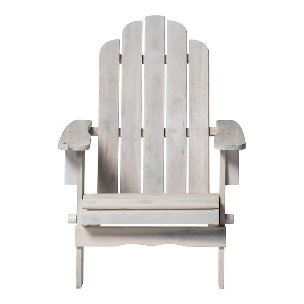 Outdoor Wood Adirondack Chair with Wine Glass Holder in White Wash