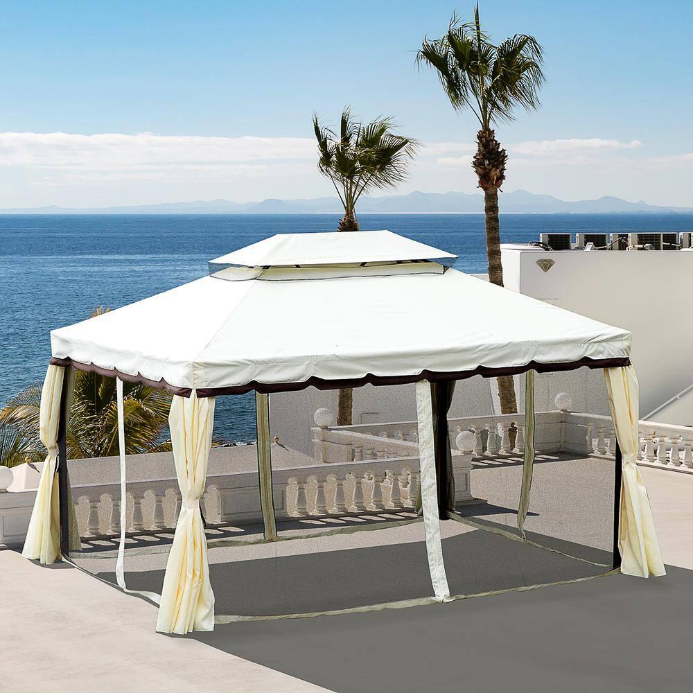 Outsunny 10' x 13' Patio Gazebo, 2-Tier Polyester Roof, Vented Canopy, Mesh, Portable Aluminum Frame for Outdoor, Cream White