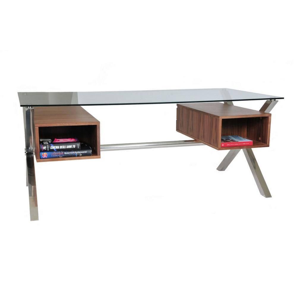 Benjara Tia 71 Inch Large Office Desk, Glass Tempered Top, 4 Drawers, Light Brown