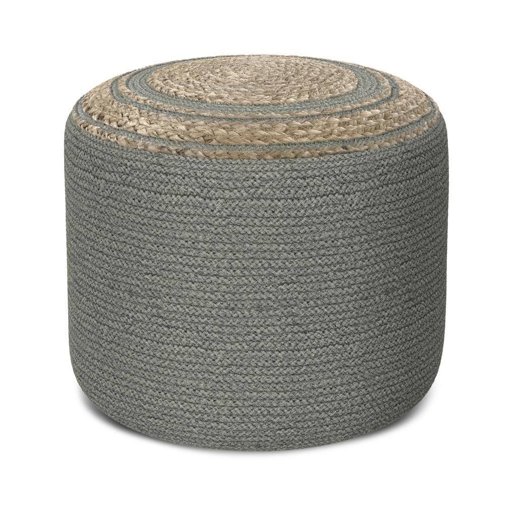 SIMPLIHOME Serena Contemporary Round Braided Pouf in Dove Grey Cotton for the Living Room, Bedroom and Kids Room