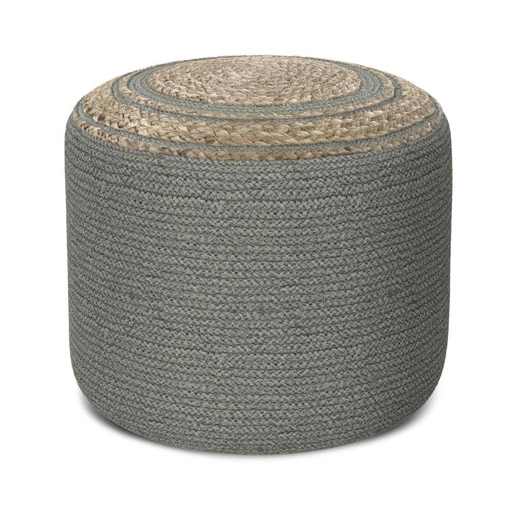 SIMPLIHOME Serena Contemporary Round Braided Pouf in Dove Grey Cotton for the Living Room, Bedroom and Kids Room
