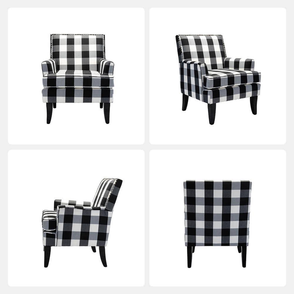 Upholstery Armchair Accent Chair Sofa Couch Wood Legs Nailhead Trim Home Living Room Bedroom Plaid White Black